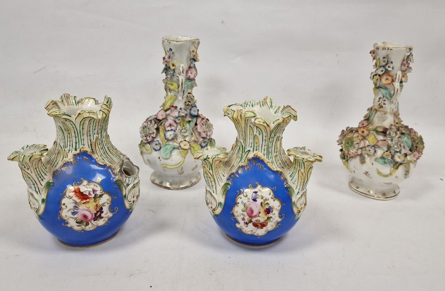 Pair 19th century porcelain bottle vases, all-over floral encrusted, 22.5cm high and a pair of - Image 3 of 4