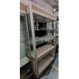 Large partially glazed display cabinet having two adjustable glass shelves, 200cm high x 119cm