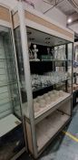 Large partially glazed display cabinet having two adjustable glass shelves, 200cm high x 119cm