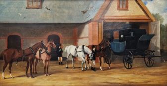 Henry Barraud (1811-1874) Oil on canvas 'The Coach House', with coachmen, coach and horses, signed