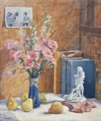 Edgeler(?) Oil on canvas Still life with flowers in a vase, pears, and figurine, indistinctly signed