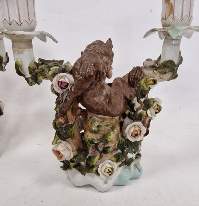 Pair German Plaue porcelain monkey candelabra, each two-branched and floral encrusted with monkeys - Image 6 of 34