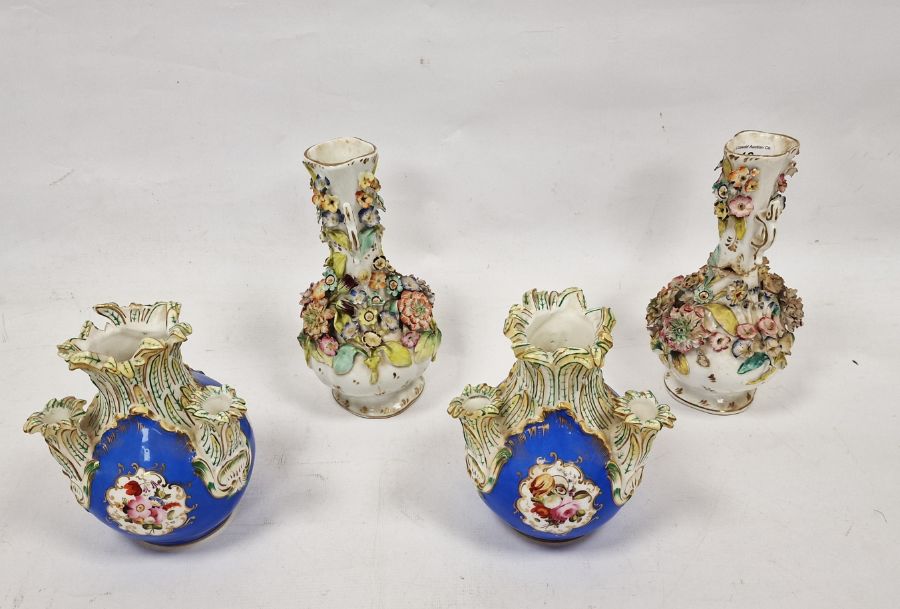 Pair 19th century porcelain bottle vases, all-over floral encrusted, 22.5cm high and a pair of - Image 2 of 4