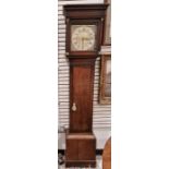 Victorian oak-cased 30-hour longcase clock of plain form, the 11" square brass dial with silvered