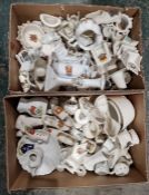 Two boxes of crested china including Czechoslovakian examples, Longton China including shoes,