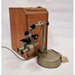 Pryor London binocular long arm microscope x 20, no.72300, on circular base, in pine carrying case