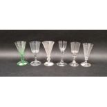 Six drinking glasses including an example with bucket-shaped bowl on faceted stem, two 18th