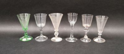 Six drinking glasses including an example with bucket-shaped bowl on faceted stem, two 18th