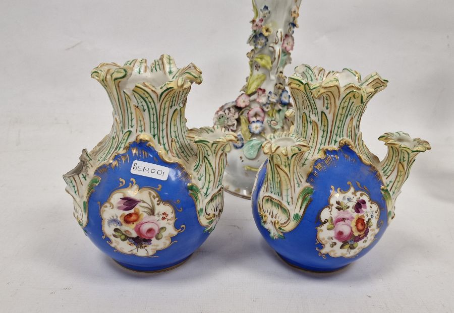 Pair 19th century porcelain bottle vases, all-over floral encrusted, 22.5cm high and a pair of - Image 4 of 4