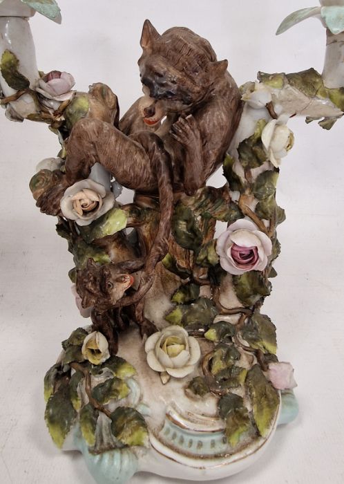 Pair German Plaue porcelain monkey candelabra, each two-branched and floral encrusted with monkeys - Image 5 of 34