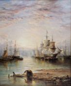 John Moore of Ipswich (1820-1902) Oil on canvas (relined) Fishing vessels in calm water at