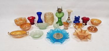 Collection of coloured glassware and assorted carnival glass including an Art Nouveau oil lamp base,