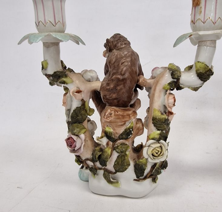 Pair German Plaue porcelain monkey candelabra, each two-branched and floral encrusted with monkeys - Image 7 of 34