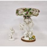 19th century Staffordshire porcelain comport with three putti supporting, all floral encrusted and
