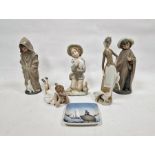 Lladro porcelain group of a goose girl with geese, three Nao figures, another figure and a Royal