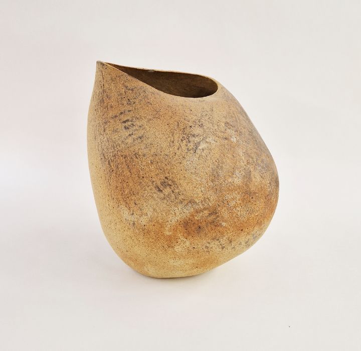 Betty Blandino (1927-2011) hand built stoneware vessel of asymmetrical form with dark matte glazes