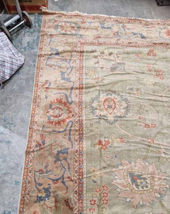 Very large pale green ground Turkish wool rug with central floral medallion on floral interlocked - Image 12 of 41