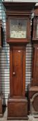 Tall slender mahogany longcase clock case with stepped and dentil carved cornice, with an 18th