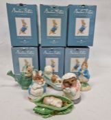 Six Beatrix Potter Border Fine Arts figures, including Peter Rabbit in a watering can, Mrs