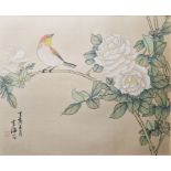 Pair of Japanese prints of a bird on branch heightened with bodycolour, framed and glazed, 23.5cm