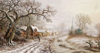 Charles Leaver (British, 1824-1888) Oil on canvas Winter scene with figures outside cottages and