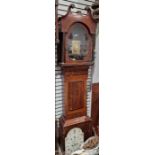 Squat mahogany longcase clock case with boxwood and ebony stringing, the hood with swan neck
