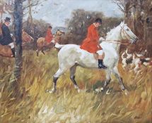 20th century school Oil on canvas Hunting scene with horses and hounds, unsigned, framed, 49.5cm x