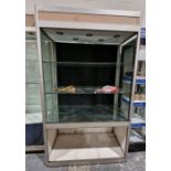 Large partially glazed display cabinet having two glass shelves and a mirrored base, 202cm high x