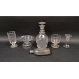 Group of 19th century glassware including a compressed flask with ribbed ornament, a Regency diamond