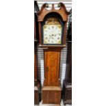 19th century oak cased eight-day longcase clock of small proportions, the arched painted dial with