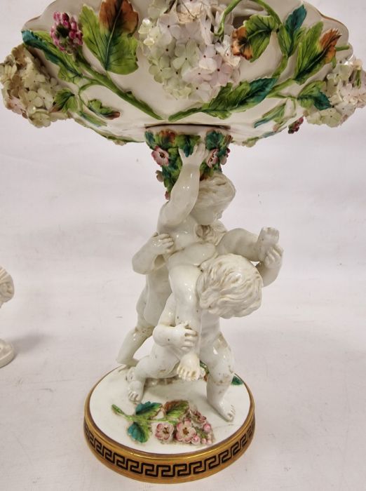 19th century Staffordshire porcelain comport with three putti supporting, all floral encrusted and - Image 3 of 6