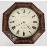 19th century rosewood cased wall fusee wall clock, of octagonal form, the border inlaid with brass