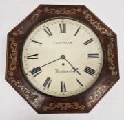19th century rosewood cased wall fusee wall clock, of octagonal form, the border inlaid with brass