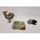 Chinese carved jade model cockerel, 15cm high, a similar black and green polished rabbit, 12cm