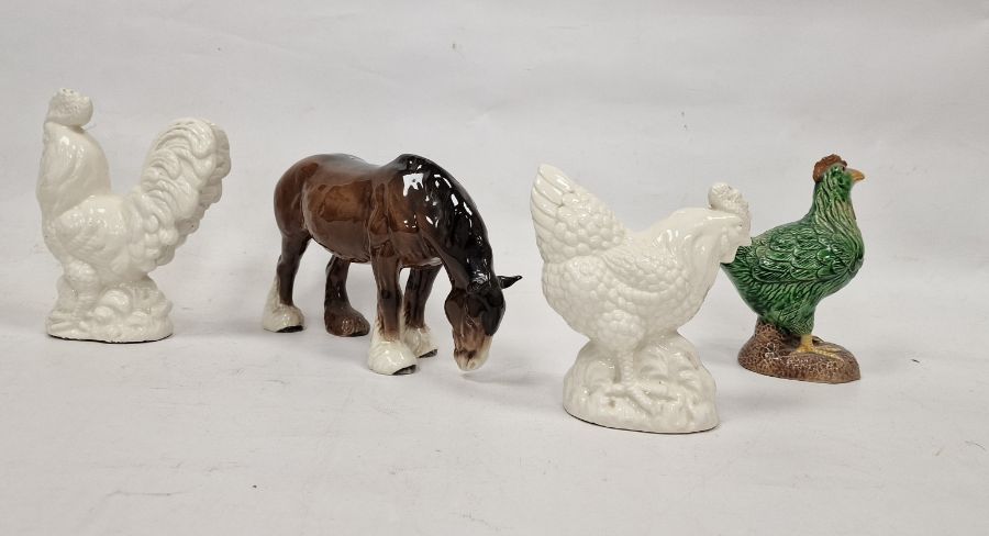 Beswick pottery cart horse, a Chinese green glazed pottery rooster and two model chickens (4) - Image 2 of 5