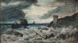 19th century school oil on panel Coastal scene with shipwreck, indistinctly signed possibly G