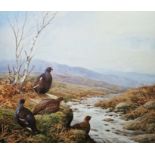 Neil Cox (British b.1955) Watercolour Black grouse and grouse in moorland beside stream, signed