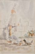 Roland Batchelor (1889-1990) Watercolour "Hope", chef walking with a bundle of sausages being