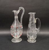 Victorian claret jug applied with ruby-coloured prunts and etched with scrolls, with spirally