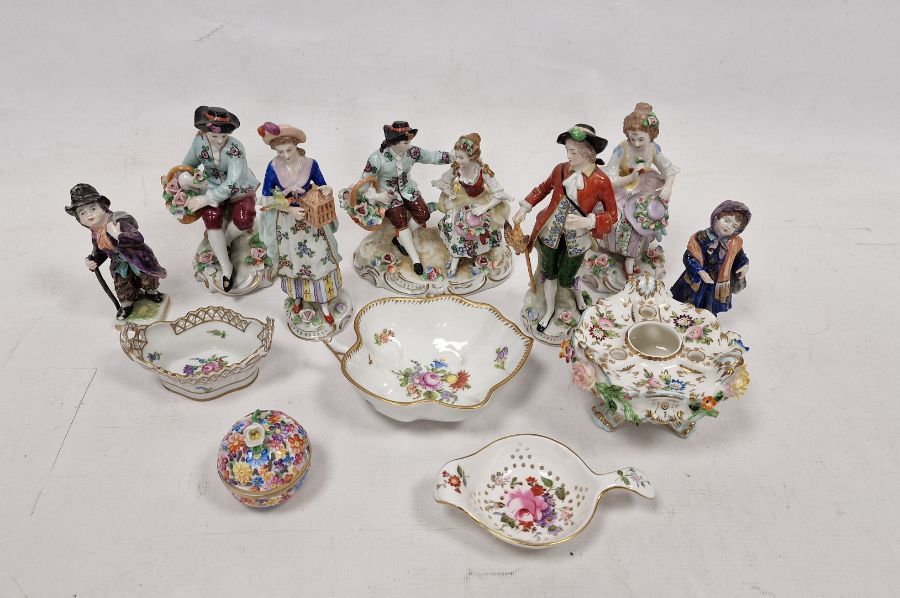 Seven continental porcelain figures to include Sitzendorf, two Dresden trinket dishes (one damaged), - Image 2 of 12