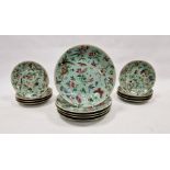 Set of five large and eight smaller Chinese Canton porcelain plates, enamelled with birds and