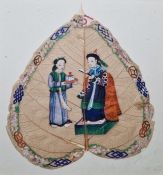 Chinese painting on a leaf Man, seated, with female attendant, 16cm high x 14cm wide