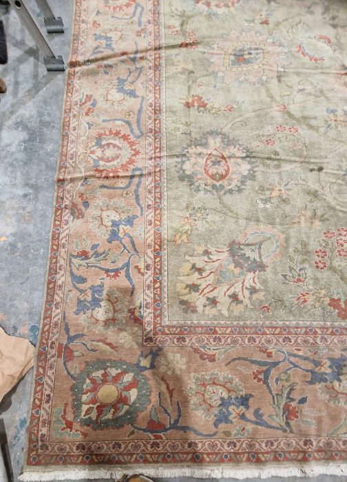 Very large pale green ground Turkish wool rug with central floral medallion on floral interlocked - Image 5 of 41