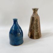 Studio pottery vase in orange and brown, tapered form, 16cm high and a blue vase, marked to base and