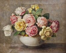 Marie D Clayton (19th/20th century school) Oil on canvas Still life of roses in a bowl, signed lower