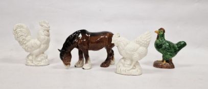 Beswick pottery cart horse, a Chinese green glazed pottery rooster and two model chickens (4)