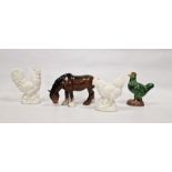 Beswick pottery cart horse, a Chinese green glazed pottery rooster and two model chickens (4)