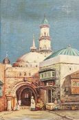 A.M.R (20th century school) Oil on canvas Middle Eastern street scene with mosque and figures,
