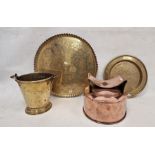 Selection of brass and copperware to include a bucket with single swing handle and two trays, both