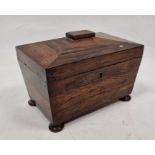 Victorian rosewood tea caddy of sarcophagus form, the lid opening to reveal two lidded tea